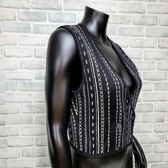 Vintage 80s Laurel by Escada Womens 34 Black Ivory Geo Knit Wool Sweater Vest - Picture 3 of 11